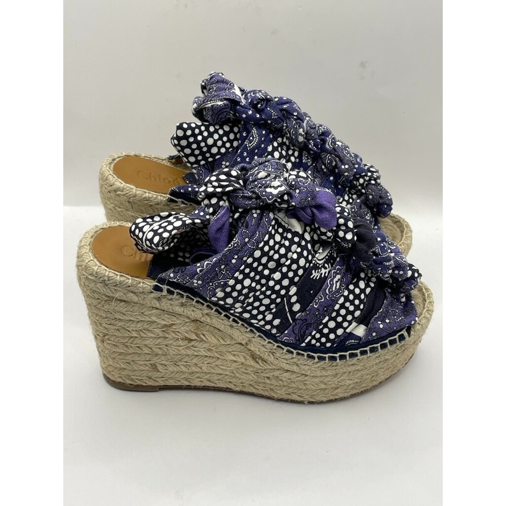 Chloe‎ Blue Floral Canvas Espadrille Wedge Sandals Women's Size EU 36 NWOB